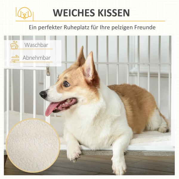 PawHut hundebur i trælook med bordplade og pude til mellemstore hunde Hvid+Grå 86x60x70cm