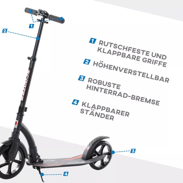 HOMCOM børnescooter kickscooter med støddæmpning, sammenklappelig, højdejusterbar, fra 14 år, aluminium, 92,5x37,5x87-101,5 cm