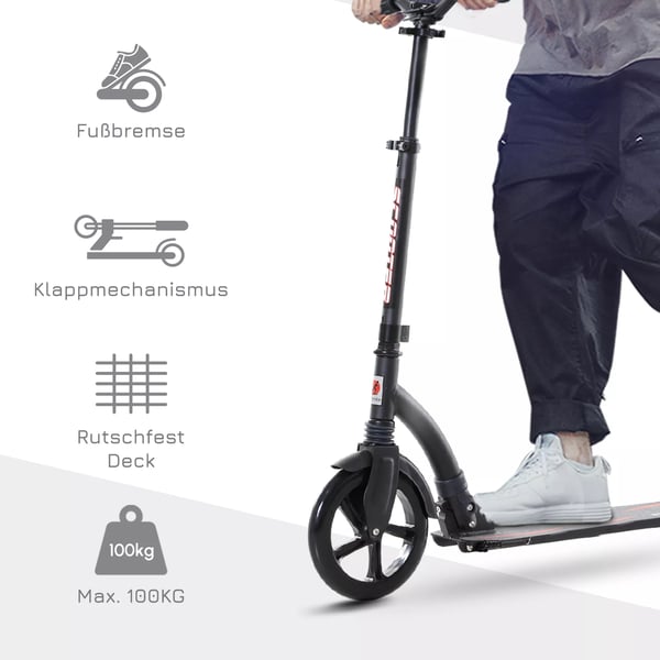 HOMCOM børnescooter kickscooter med støddæmpning, sammenklappelig, højdejusterbar, fra 14 år, aluminium, 92,5x37,5x87-101,5 cm