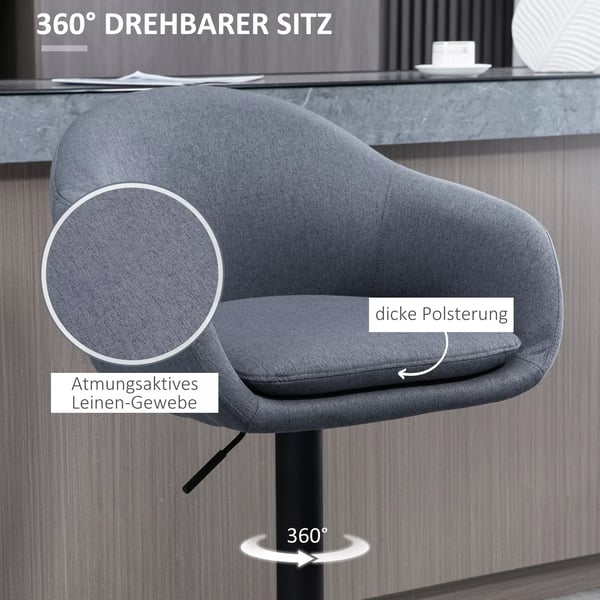 HOMCOM Barstol Mørkegrå - Justerbar højde, drejbar 360°, med fodstøtte - Linnedlook - 54x54x92-112 cm
