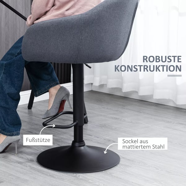 HOMCOM Barstol Mørkegrå - Justerbar højde, drejbar 360°, med fodstøtte - Linnedlook - 54x54x92-112 cm