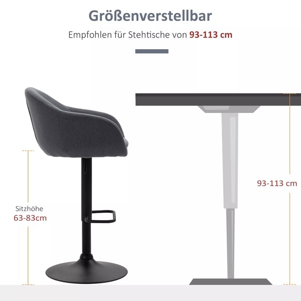 HOMCOM Barstol Mørkegrå - Justerbar højde, drejbar 360°, med fodstøtte - Linnedlook - 54x54x92-112 cm