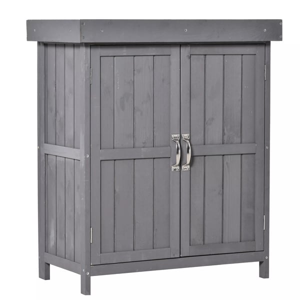 Outsunny haveskab i grantrf, vejrbestandigt opbevaringsskab med dobbeltd0r, 2 rum, m0rkegra, 74x43x88cm