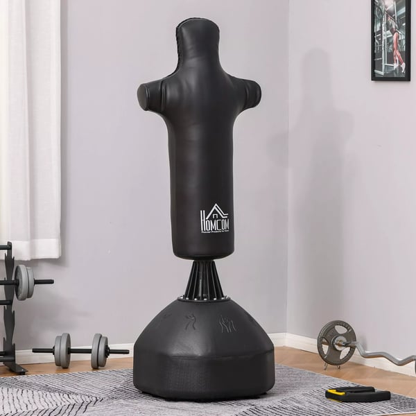 HOMCOM stående sandsæk 180cm voksen, boksedukke i sort stål, PU, HDPE. Perfekt til professionelle og begyndere.