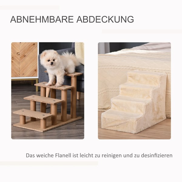 lemmikkieläinportaat, 4-portainen koiran luiska, irrotettava suojus, beige, lastulevy/plush, 60x35x44cm