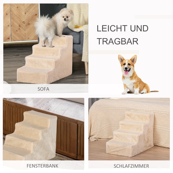 lemmikkieläinportaat, 4-portainen koiran luiska, irrotettava suojus, beige, lastulevy/plush, 60x35x44cm