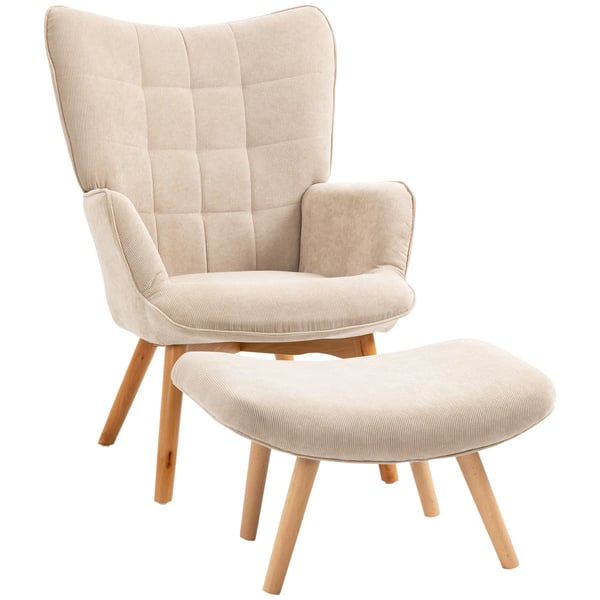 Lænestol med Puf - Betrukket med Polyester i Beige - Komfortabel Loungestol til Stuen
