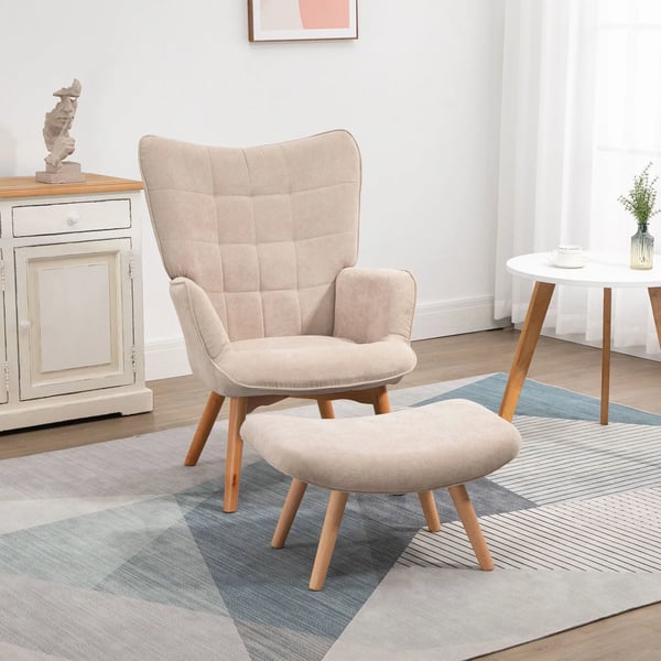 Lænestol med Puf - Betrukket med Polyester i Beige - Komfortabel Loungestol til Stuen