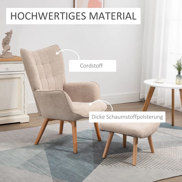 Lænestol med Puf - Betrukket med Polyester i Beige - Komfortabel Loungestol til Stuen