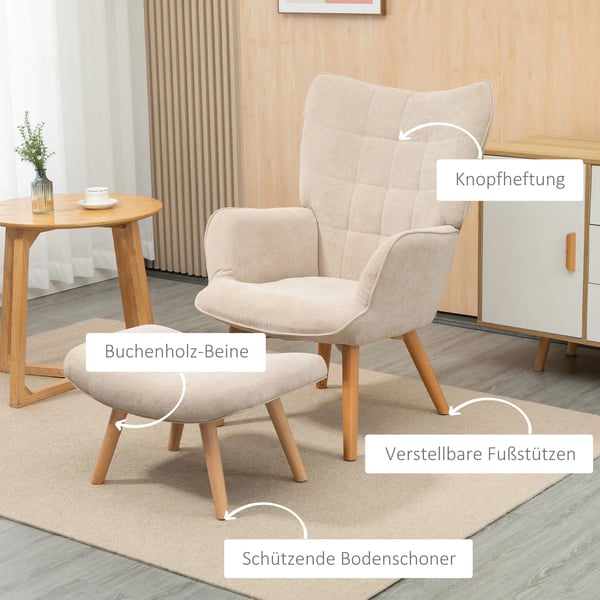 Lænestol med Puf - Betrukket med Polyester i Beige - Komfortabel Loungestol til Stuen