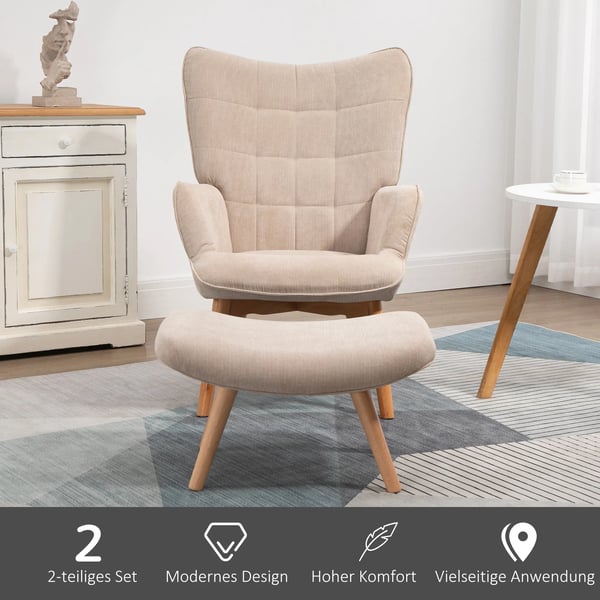 Lænestol med Puf - Betrukket med Polyester i Beige - Komfortabel Loungestol til Stuen