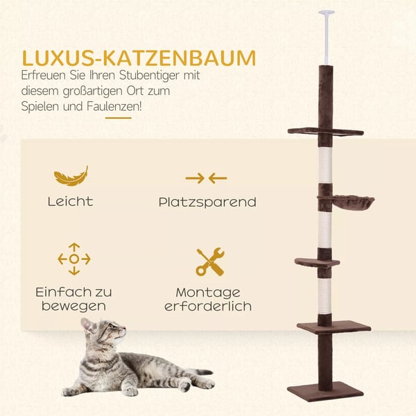 Katte Træ Høj Brun, Justerbar Katte Træ med Sisal Søjler, til Klatring & Kradsning, 40x34x230-260cm
