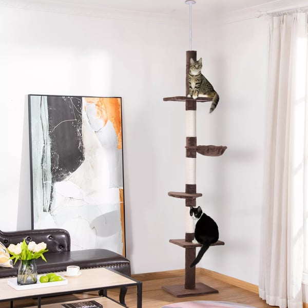 Katte Træ Høj Brun, Justerbar Katte Træ med Sisal Søjler, til Klatring & Kradsning, 40x34x230-260cm