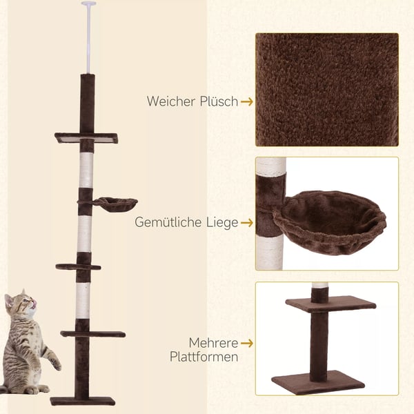 Katte Træ Høj Brun, Justerbar Katte Træ med Sisal Søjler, til Klatring & Kradsning, 40x34x230-260cm