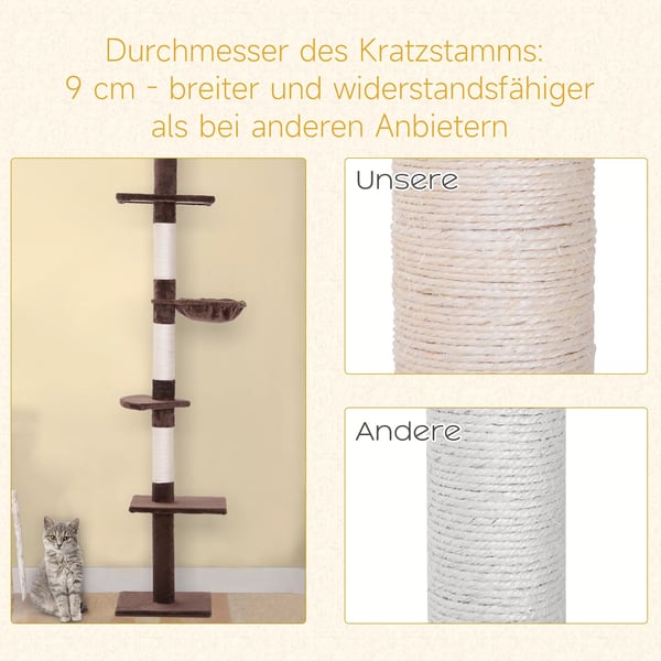 Katte Træ Høj Brun, Justerbar Katte Træ med Sisal Søjler, til Klatring & Kradsning, 40x34x230-260cm
