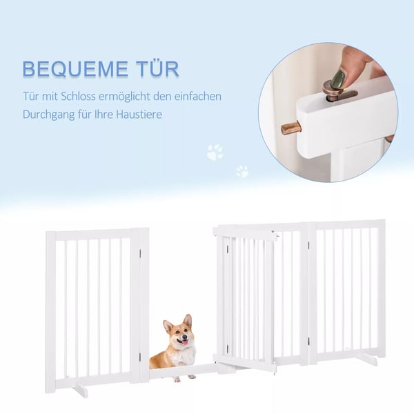 Hundegitter af fyrretræ, 91 cm højt, hvidt sikkerhedsgitter med dør, fritstående, foldbart med 2 støttefødder til hunde og trapper