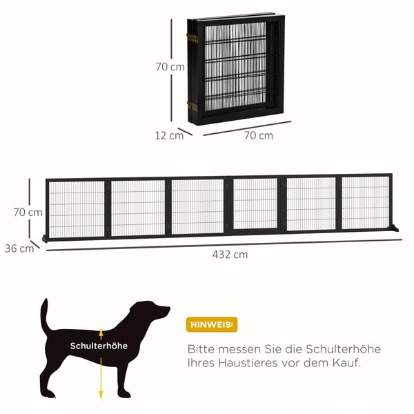 PawHut Dørsikringsgitter til hunde | Fyrretræ & Metal | Sort | 432x36x70cm