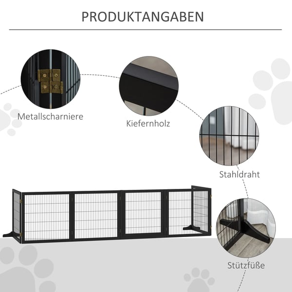PawHut Dørsikringsgitter til hunde | Fyrretræ & Metal | Sort | 432x36x70cm