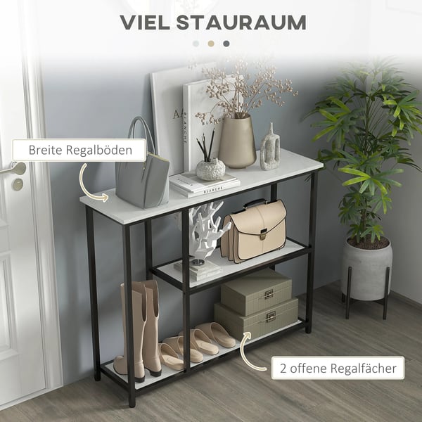 HOMCOM konsolbord i hvid og sort, 100x30x80 cm, med hylder og vipbeskyttelse