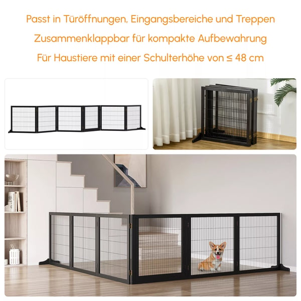 PawHut Dørsikringsgitter til hunde | Fyrretræ & Metal | Sort | 432x36x70cm