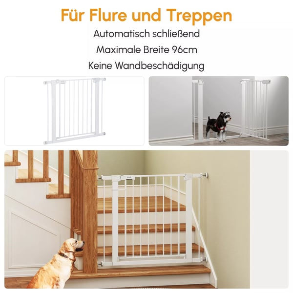 PawHut Sikkerhedsgitter til Hunde - Justerbart 75-96cm, Automatisk Lukning, Hvid Metal