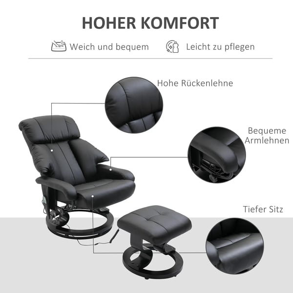 HOMCOM Massagestol med Fodskammel - Sort KunstlæderDenne moderne loungestol fra HOMCOM tilbyder en dybdegående massageoplevelse med 10 vibrationspunk