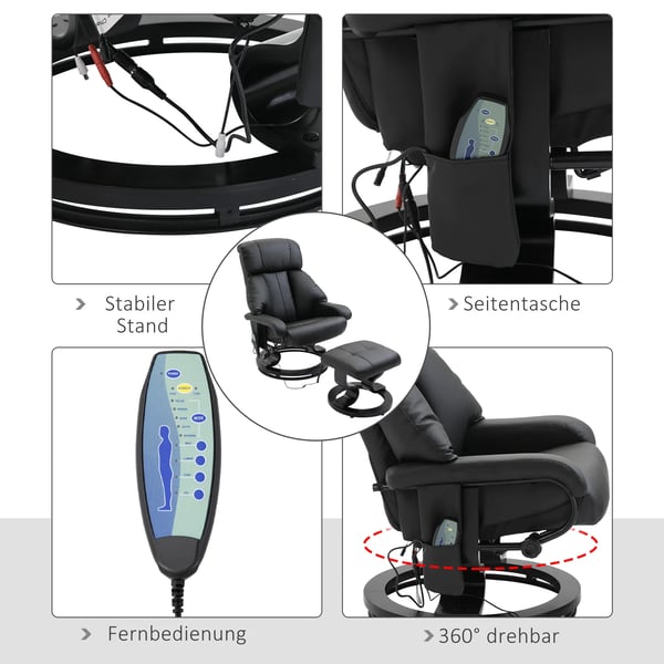 HOMCOM Massagestol med Fodskammel - Sort KunstlæderDenne moderne loungestol fra HOMCOM tilbyder en dybdegående massageoplevelse med 10 vibrationspunk