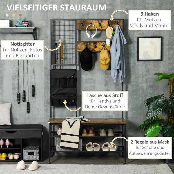 HOMCOM Garderobe med skohylde og opbevaringstaske - Rustik brun, stål og spånplade