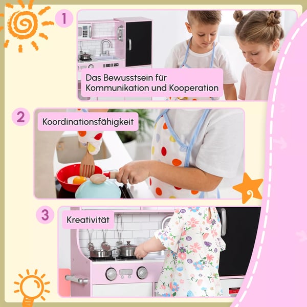 AIYAPLAY Legekøkken i træ til børn - Pink med tilbehør og legemad, fra 3 år