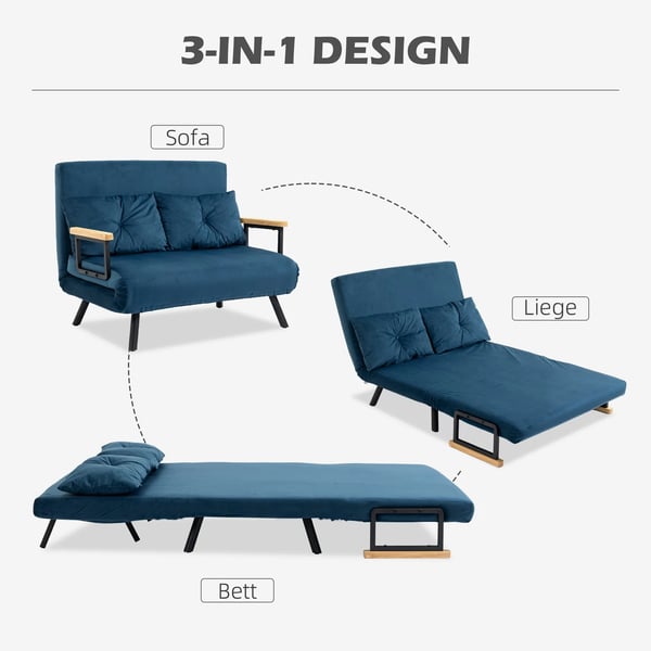 HOMCOM sovesofa afslapningsstol med sengefunktion foldesofa fløjl rygpude justerbart ryglæn blå 102x73x81cm