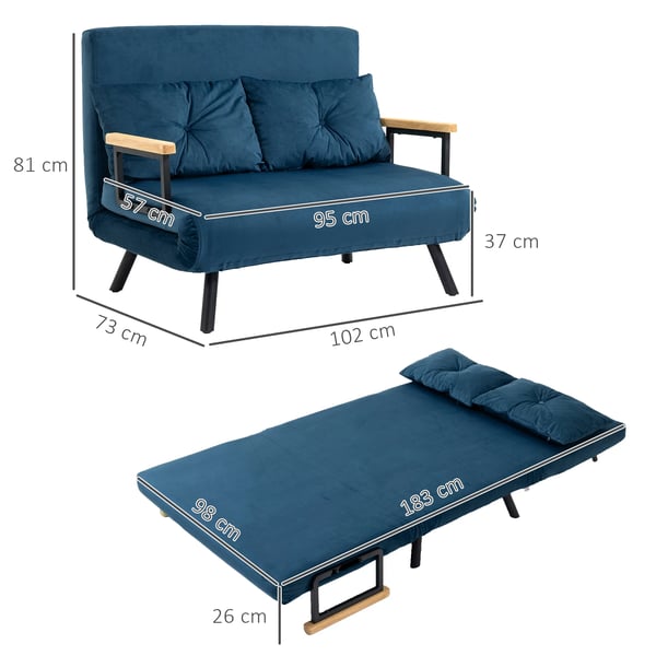 HOMCOM sovesofa afslapningsstol med sengefunktion foldesofa fløjl rygpude justerbart ryglæn blå 102x73x81cm