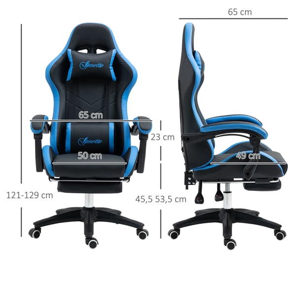 Vinsetto Gaming Stol - Sort/Blå Kunstlæder, Ergonomisk Kontorstol med Lændestøtte, Nakkestøtte & Fodstøtte, Højdejusterbar Skrivebordsstol til Gaming/