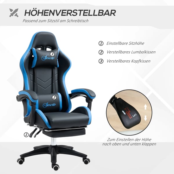 Vinsetto Gaming Stol - Sort/Blå Kunstlæder, Ergonomisk Kontorstol med Lændestøtte, Nakkestøtte & Fodstøtte, Højdejusterbar Skrivebordsstol til Gaming/