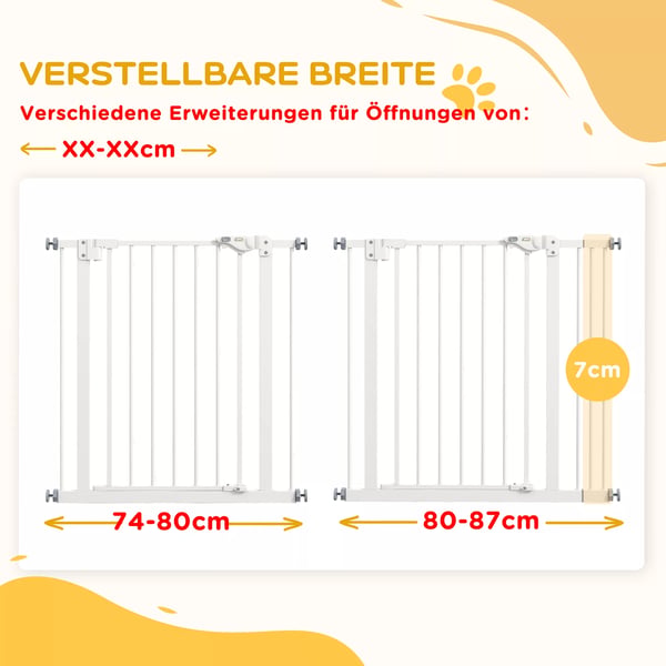 PawHut Dørsikringsgitter til hunde og kæledyr, metal og plastik, hvid, 74-87 cm bredde, uden boring