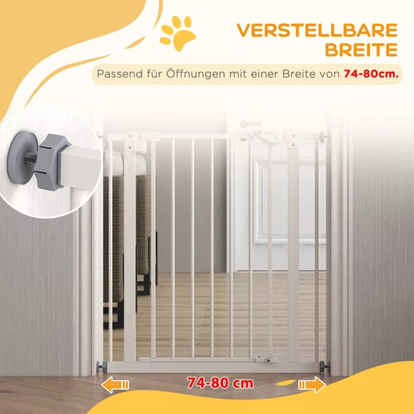 PawHut Sikkerhedsgitter til Hunde og Kæledyr - Metal/Plastik, Hvid - 74-80 cm, til Døre og Trapper