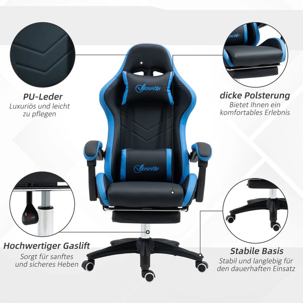 Vinsetto Gaming Stol - Sort/Blå Kunstlæder, Ergonomisk Kontorstol med Lændestøtte, Nakkestøtte & Fodstøtte, Højdejusterbar Skrivebordsstol til Gaming/