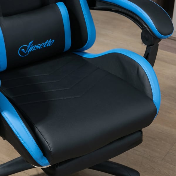 Vinsetto Gaming Stol - Sort/Blå Kunstlæder, Ergonomisk Kontorstol med Lændestøtte, Nakkestøtte & Fodstøtte, Højdejusterbar Skrivebordsstol til Gaming/