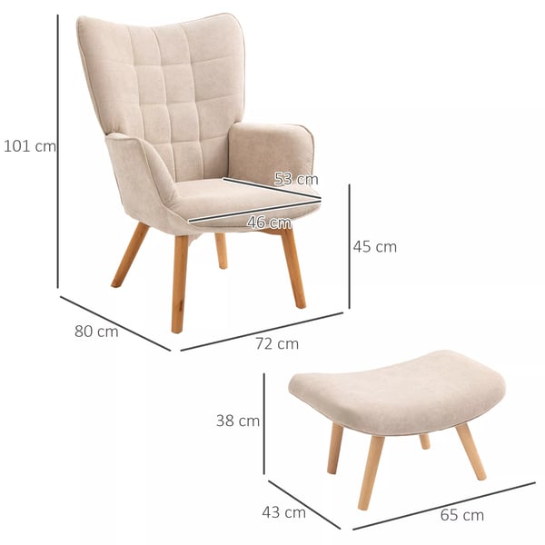 Lænestol med Puf - Betrukket med Polyester i Beige - Komfortabel Loungestol til Stuen