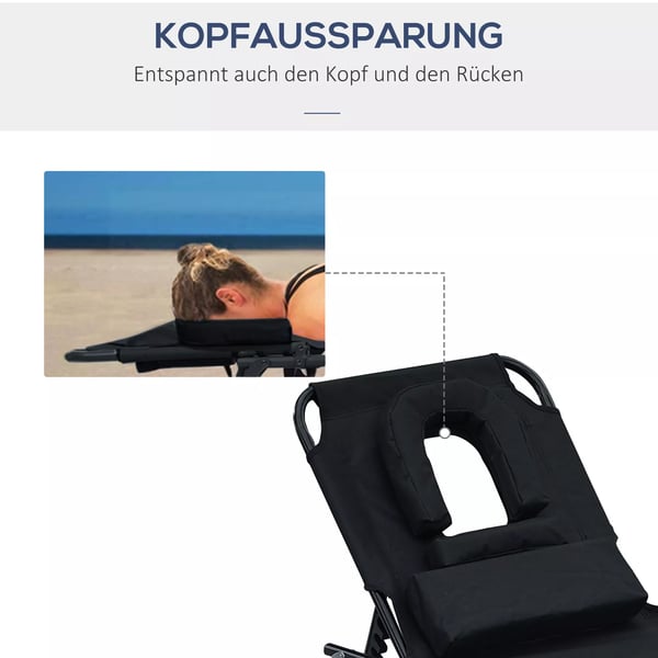 Outsunny-aurinkotuoli, puutarhatuoli, rentoutumistuoli, kolmijalkainen tuoli, kasvoaukko lukemiseen, musta