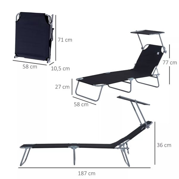 Outsunny Sammenklappelig Solvogn med Solskærm, Sort Polyester, 187x58x36 cm