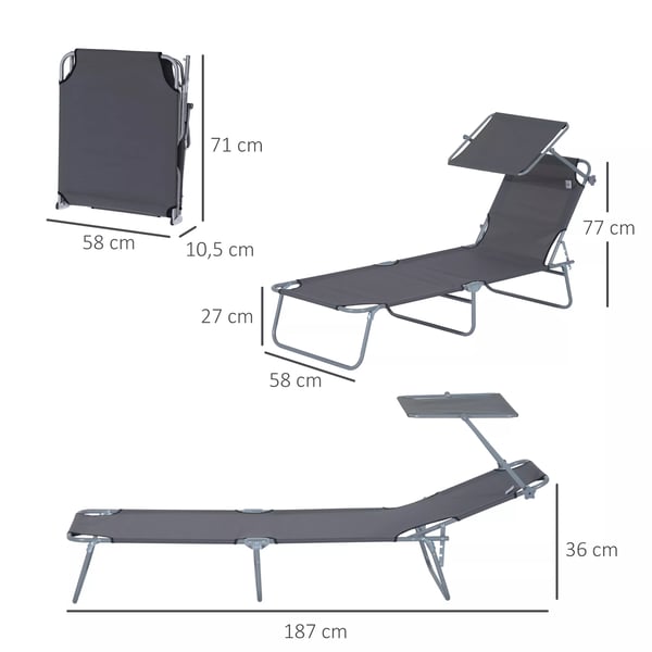 Outsunny Foldbar Solseng m. Skygge - Grå Polyester - 187 x 58 x 36 cm