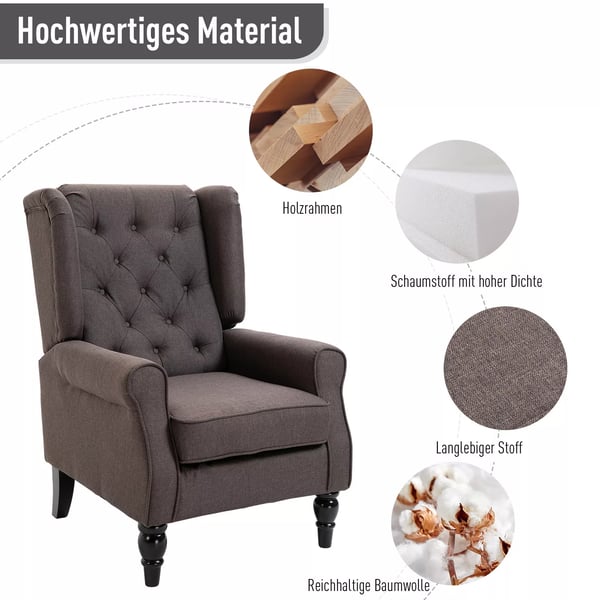HOMCOM enkelt lænestol afslapningsstol enkeltstol med tufting træben polyester brun 76 x 86 x 108 cm