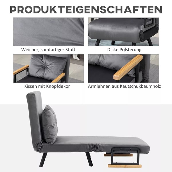 HOMCOM Sovestol M&oslash;rkegr&aring; Med Sengefunktion Og Justerbar Rygl&aelig;n, St&aring;l Og Polyester