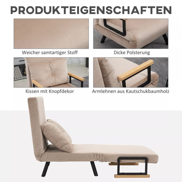 HOMCOM vuodesohvatuoli, säädettävä, samettinen makuutuoli, beige
