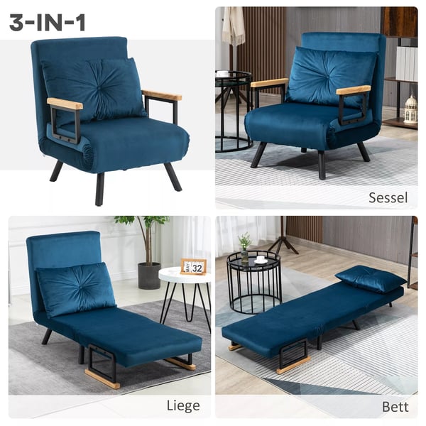 HOMCOM Sovestol/Sofa i Blå Polyester og Stål - Justerbar Ryglæn, 63x73x81cm