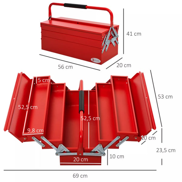 Værktøjskasse Værktøjskuffert Værktøjskiste 5 Rum Foldbar Stål (SPCC) Rød 57 x 21 x 41 cm