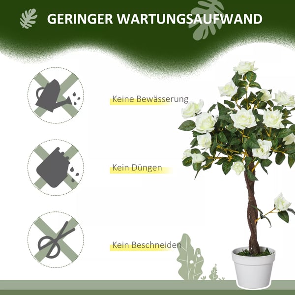 Outsunny Kunstig Rosenplante Hvid 90 cm - Plastik Kunstplante i Potte - Naturtro Stueplante til Hjem og Have