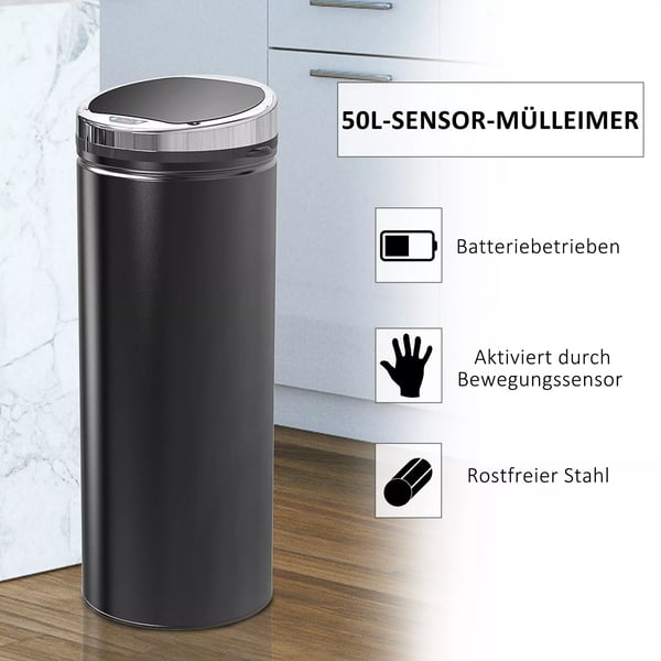 HOMCOM Automatiske Sensor Skraldespand 50L - Sort Rustfrit Stål - IR Sensor, Affaldsspand til Køkken