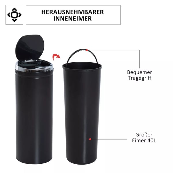 HOMCOM Automatiske Sensor Skraldespand 50L - Sort Rustfrit Stål - IR Sensor, Affaldsspand til Køkken