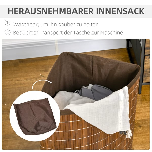 HOMCOM Vasketøjskurv 55L Bambus Brun med Låg og Aftagelig Pose